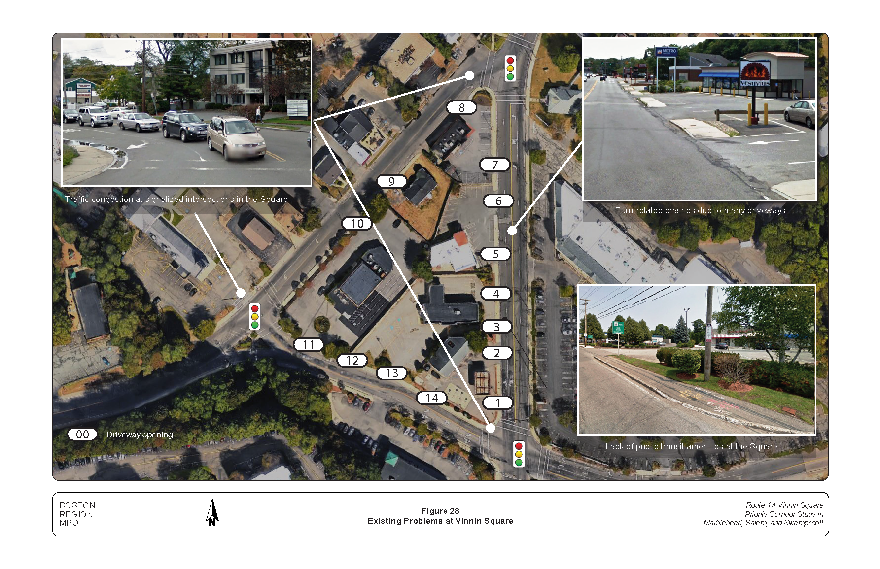 FIGURE 28. Existing Problems at Vinnin Square.Figure 28 is a map of Vinnin Square. Photos embedded show problems at several locations.